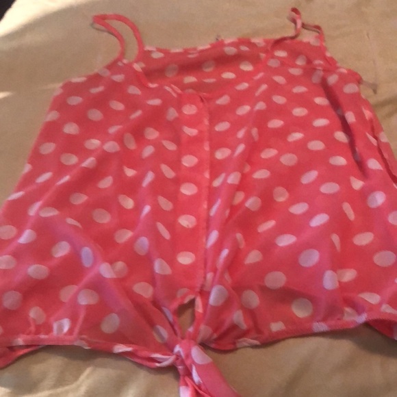 B Jewel spaghetti strap pink&white polka dot sheer top/medium faux button front - Picture 8 of 12